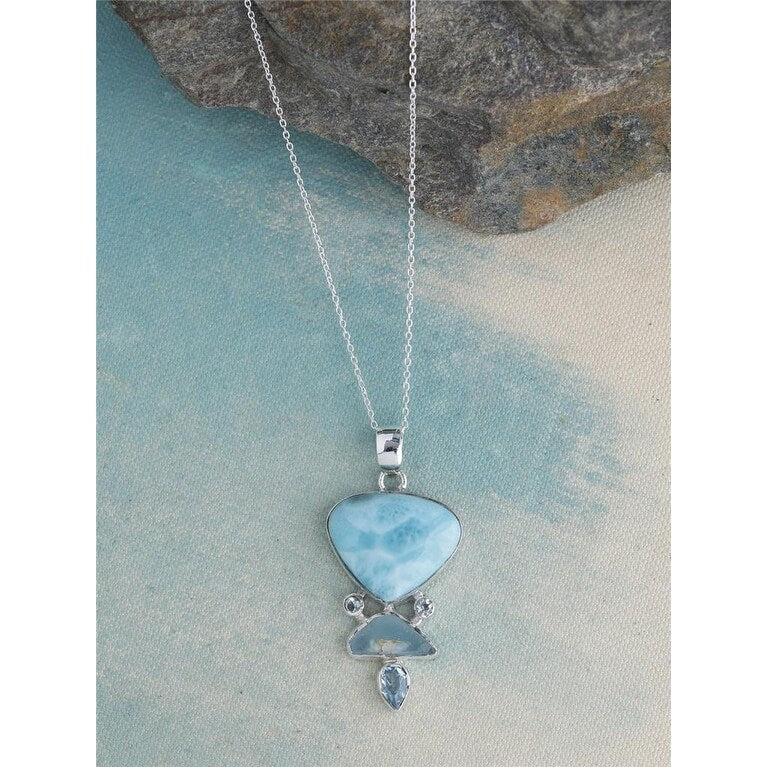 Premium Sterling Silver Larimar & Blue Topaz Pendant - Caribbean Elegance