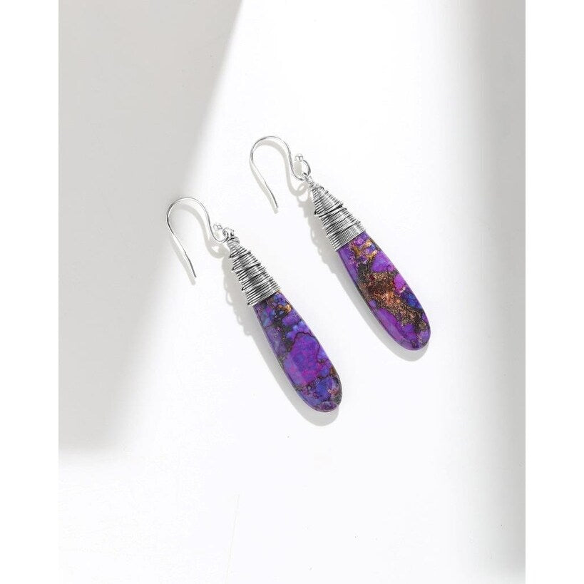 Premium Sterling Silver Purple Copper Turquoise Dangle Earrings - Southwest Style