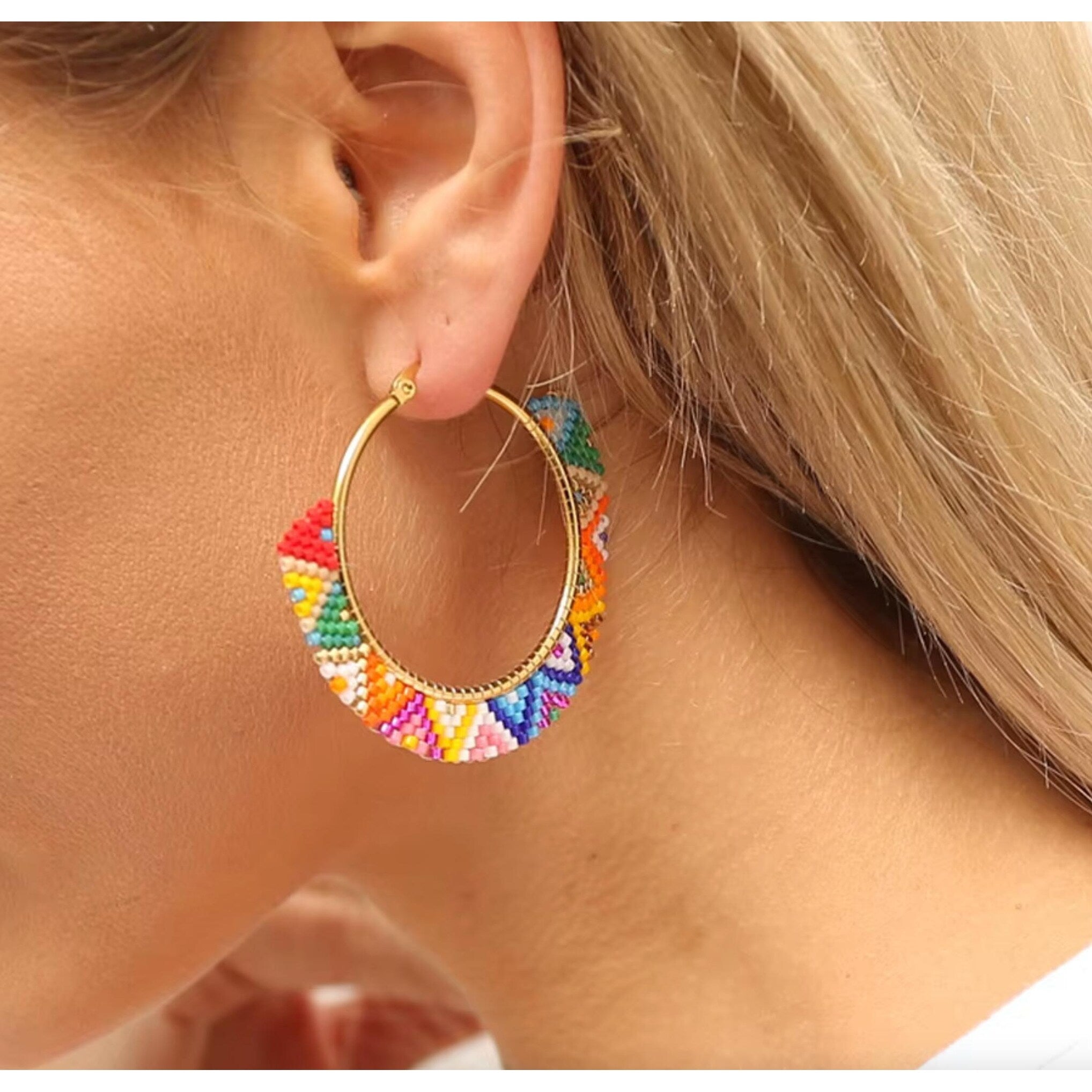 Premium Geometric Miyuki Seed Bead Hoop Earrings - Red Multi Colored