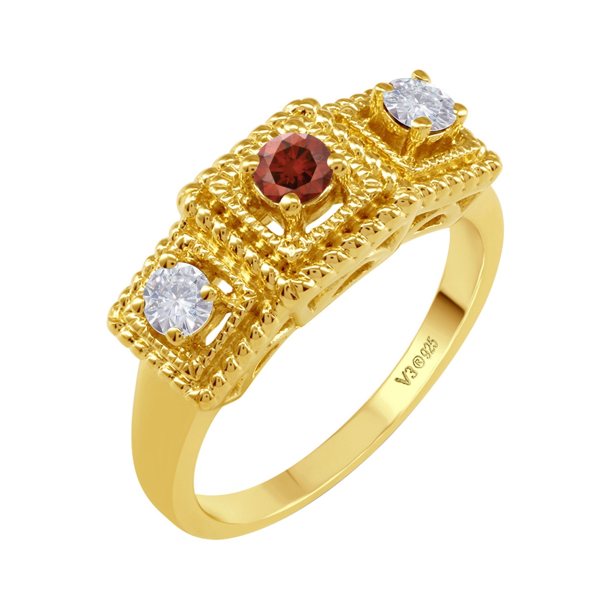 Premium Gold Over Sterling Silver Red Diamond & Moissanite Three-Stone Promise Ring