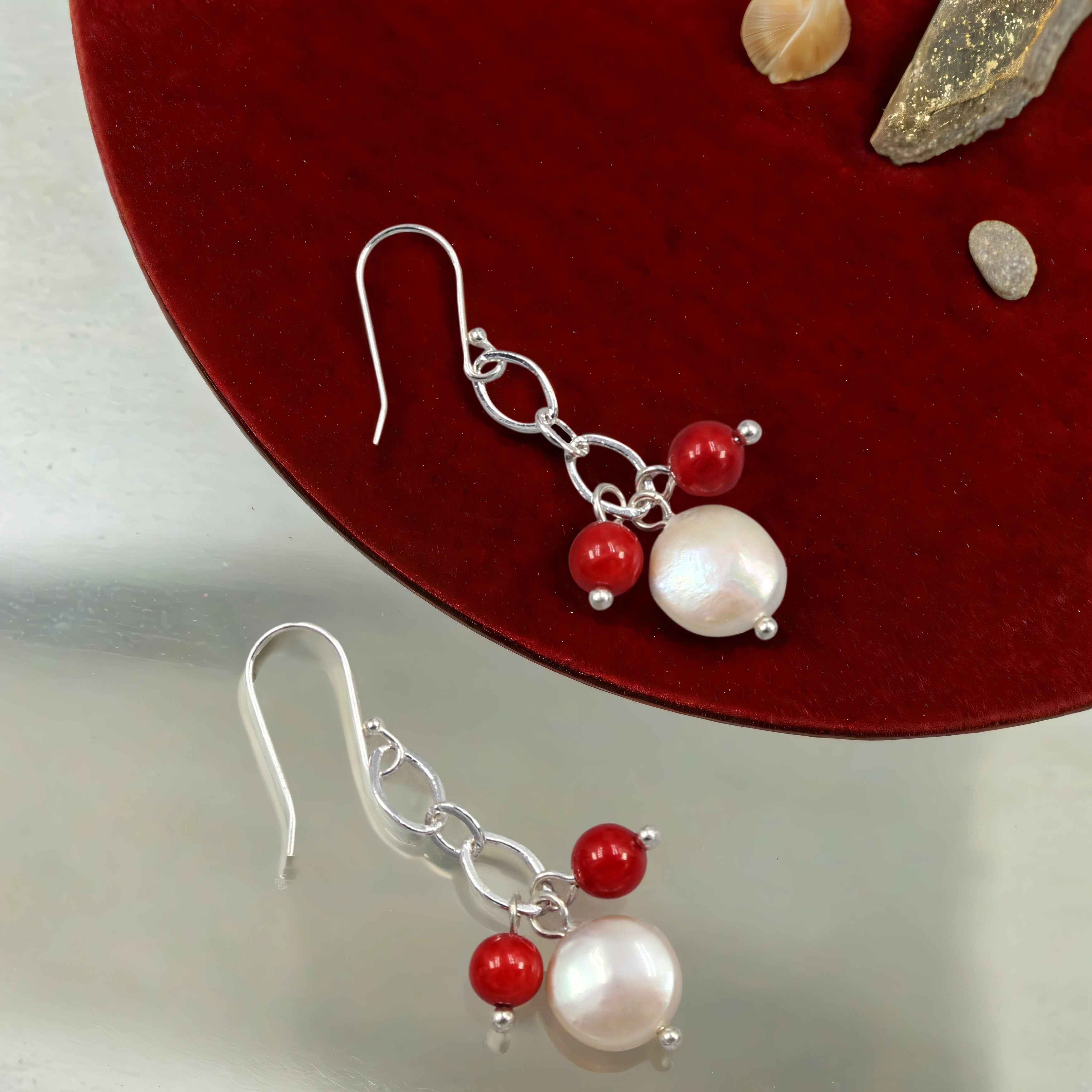Premium Red Sea Bamboo Coral & Pearl Jewelry Set with Druzy Crystals